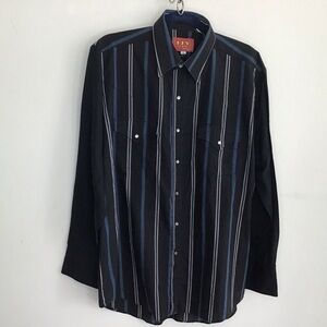 Vintage Ely Plains western pearl snap black striped shirt/solid black sleeves L
